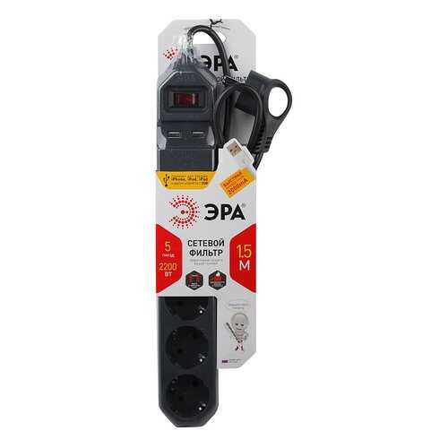 Сетевой фильтр ERA USF-5ES-1,5M-USB-B, 5 розеток, 1,5 м, Black
