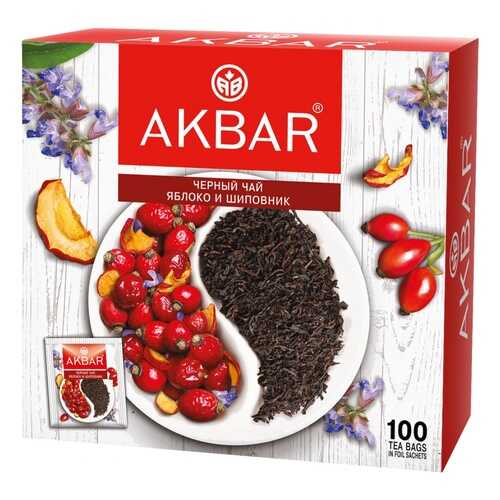 Чай Akbar Яблоко и Шиповник, черный с добавками, 100 сашетов