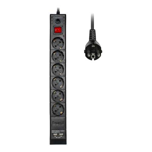 Сетевой фильтр BURO BU-SP3_USB_2A-B, 6 розеток, 3 м, Black