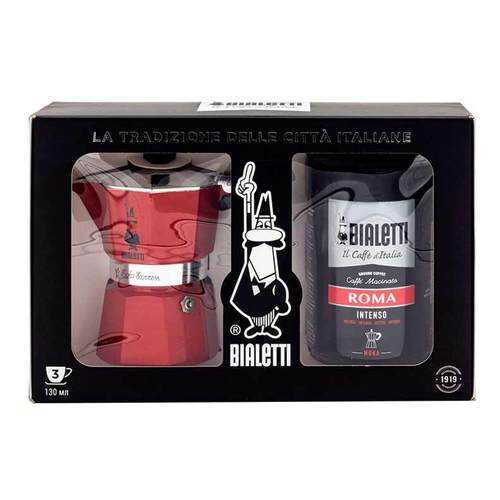 Гейзерная кофеварка Bialetti Moka Express red на 3 порции и молотый кофе Roma 250гр
