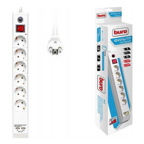 Сетевой фильтр BURO BU-SP1,8_USB_2A-W, 6 розеток, 1,8 м, White