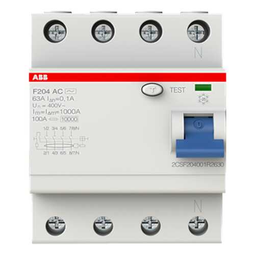 Выключатель дифференциального тока (УЗО) ABB F204, 4P, 63А, 100мА, АС