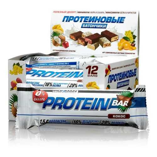 Батончик IRONMAN Protein Bar с коллагеном БЕЗ САХАРА, 50г (Кокос/тёмная глазурь)(12шт)