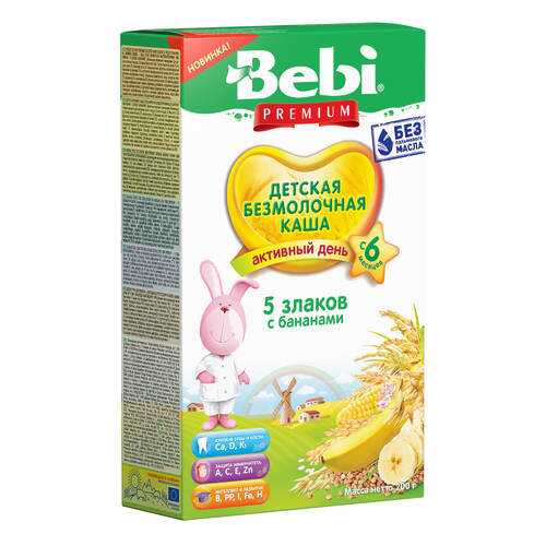 Безмолочная каша Bebi Premium 5 злаков с бананами с 6 мес., 200 г