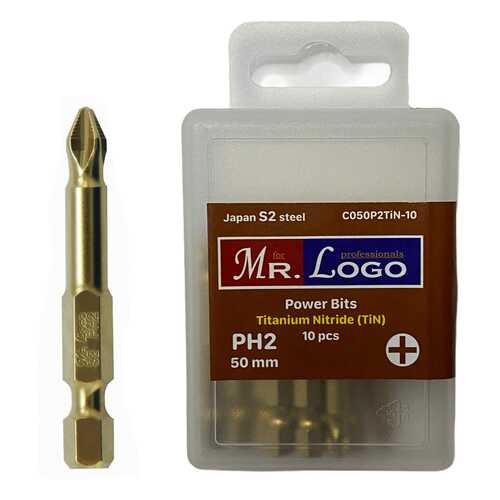 Бита Нитрид Титана PH2 x 50 мм Mr. Logo, Сталь - S2, арт. С050P2TiN-10, 10 шт.