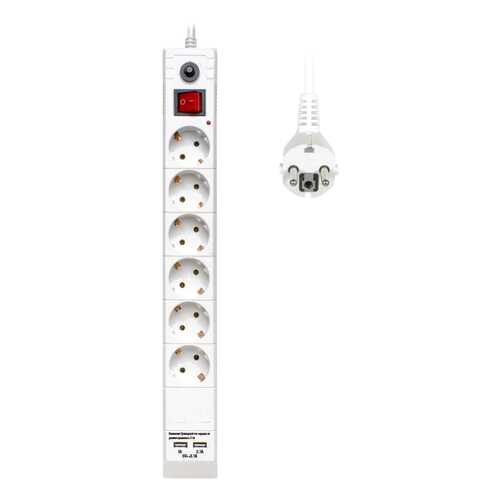 Сетевой фильтр BURO BU-SP5_USB_2A-W, 6 розеток, 5 м, White