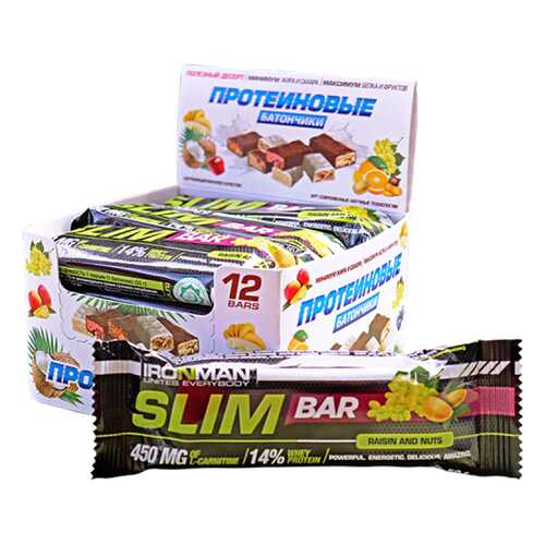 Батончик Ironman Slim Bar 12 50 г, 12 шт., изюм/орех